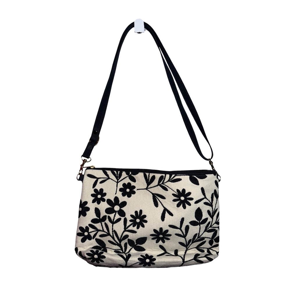 Danny K. Woven Tapestry Crossbody Bag Black White Floral Botanical Made in USA